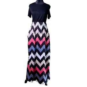 Kancystore Cold Shoulder‎ Maxi Dress Black Chevron Boho Geometric Pockets Size S